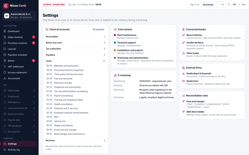 Demo configuration: chart of accounts, cost centres, e-invoicing, connected banks, external firms and reconciliation rules.