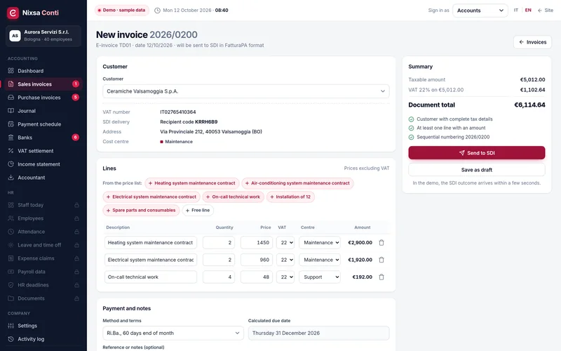 Creating a new invoice: customer with tax details, price-list lines with VAT and cost centre, and a summary of totals.