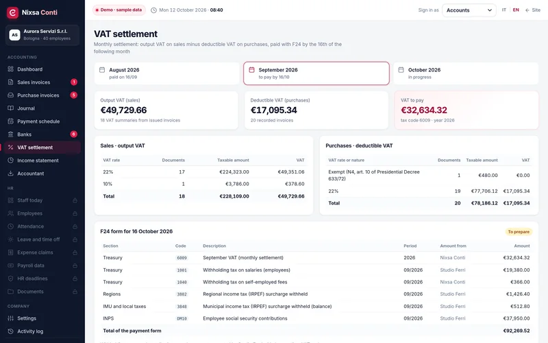 September VAT settlement: output and deductible VAT by rate, and the F24 form due on 16 October.