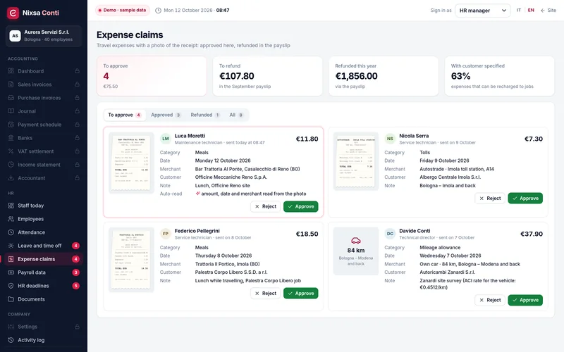 Expense claims awaiting approval, with the receipt photo, category, date, merchant and customer.