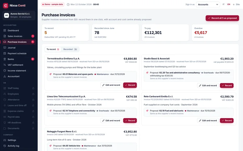 Purchase invoices received through SDI awaiting entry, with suggested expense account, cost centre and withholding tax.