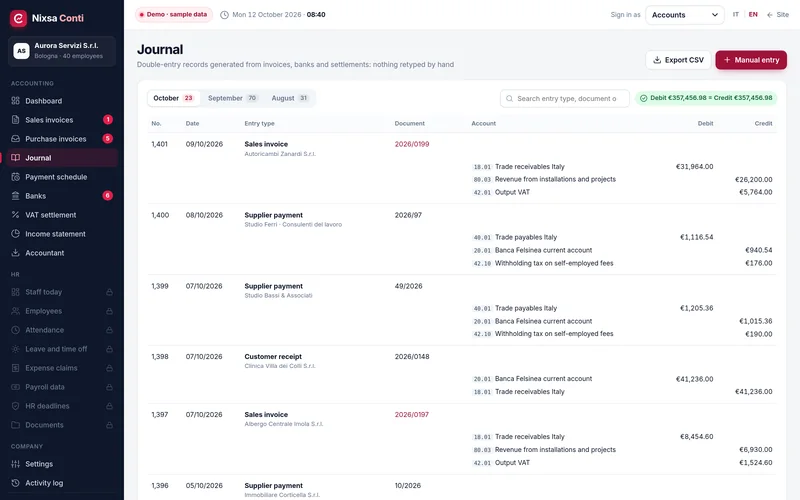 Double-entry journal with transaction type, document, accounts, debit and credit.