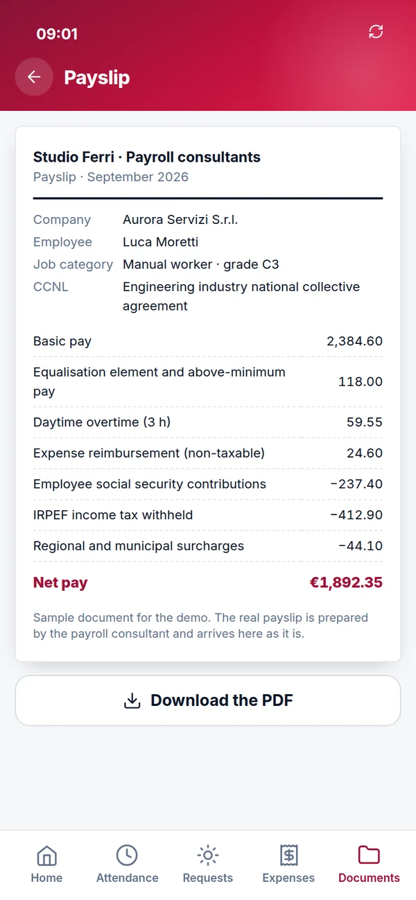 September payslip published in the app, prepared by the payroll consultant's firm.