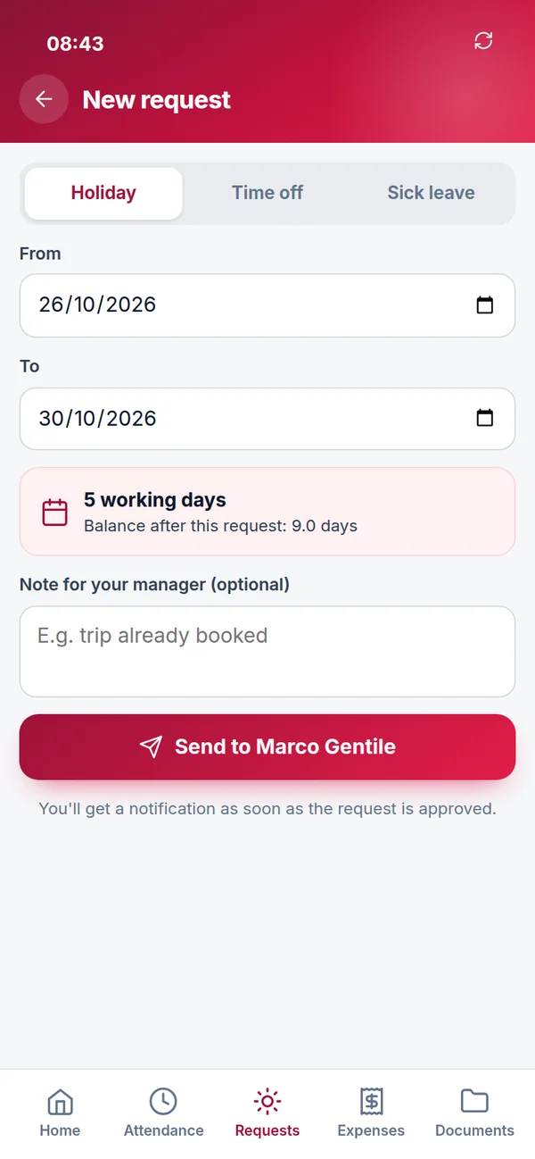 Employee app: a request for five days' leave, with the balance worked out.