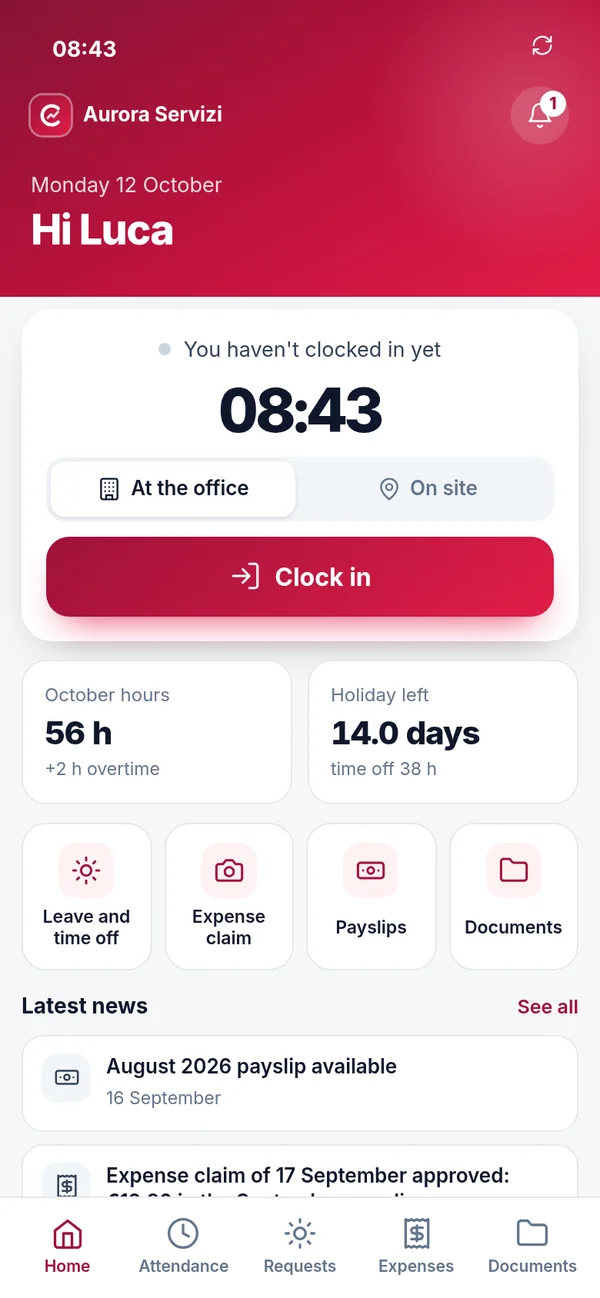App home screen: clock-in, hours this month, remaining leave, shortcuts and latest news.