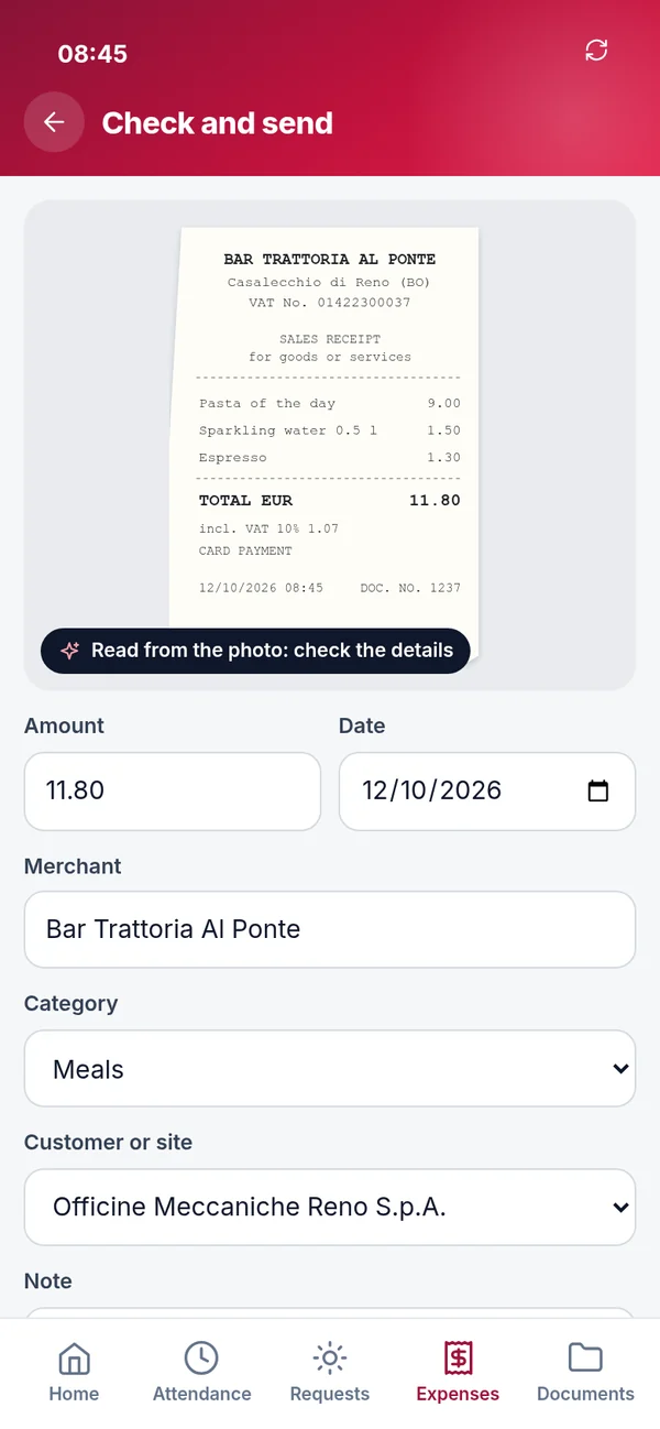 Expense claim: photo of the receipt, with the extracted details to check and submit.