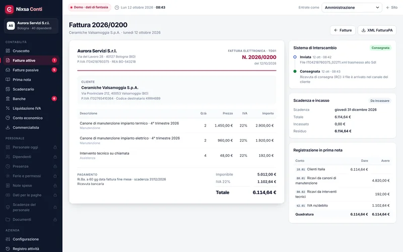 Fattura emessa con l'esito del Sistema di Interscambio, la scadenza e la registrazione in prima nota.