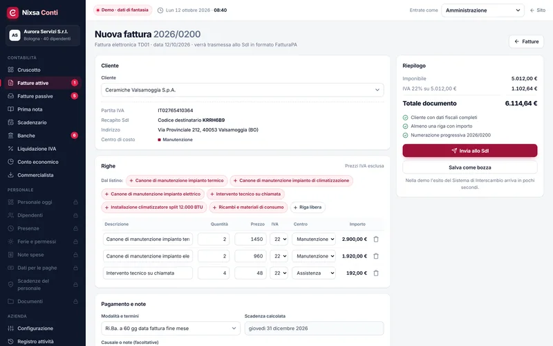 Compilazione di una nuova fattura: cliente con i dati fiscali, righe dal listino con IVA e centro di costo, riepilogo dei totali.
