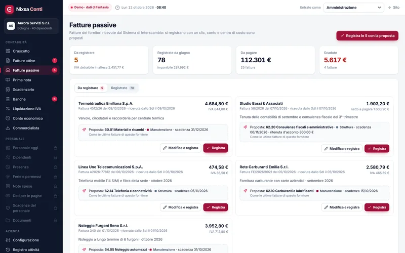 Fatture passive ricevute dallo SdI da registrare, con conto di costo, centro di costo e ritenuta proposti.