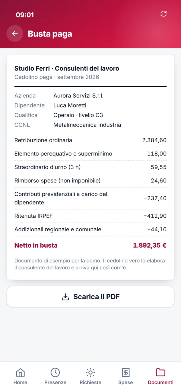 Busta paga di settembre pubblicata nell'app, elaborata dallo studio del consulente del lavoro.