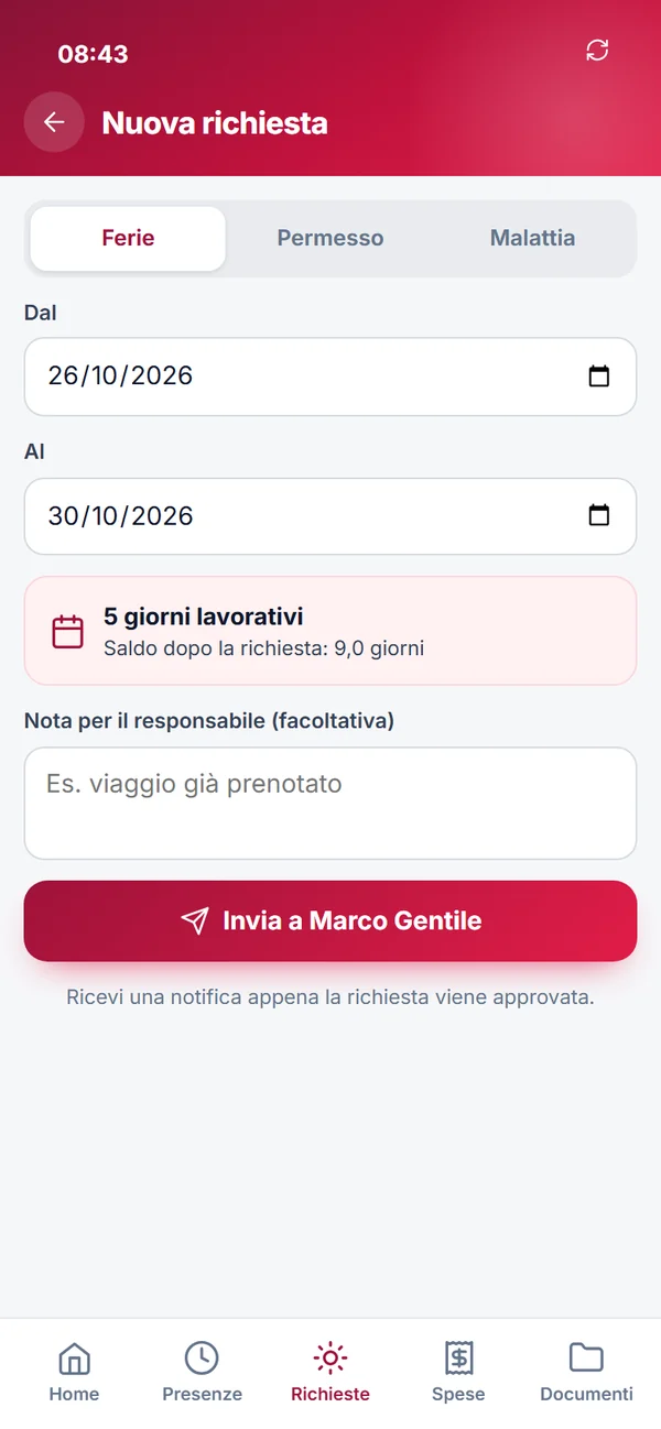 App del dipendente: richiesta di cinque giorni di ferie con il calcolo del saldo.
