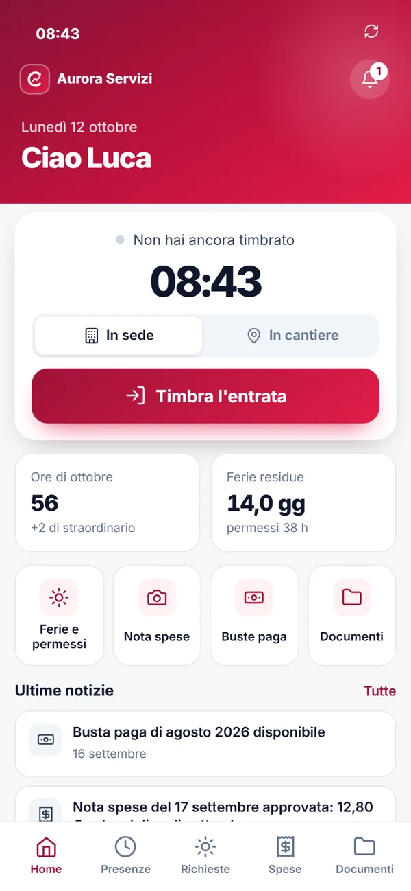 Home dell'app: timbratura, ore del mese, ferie residue, scorciatoie e ultime notizie.