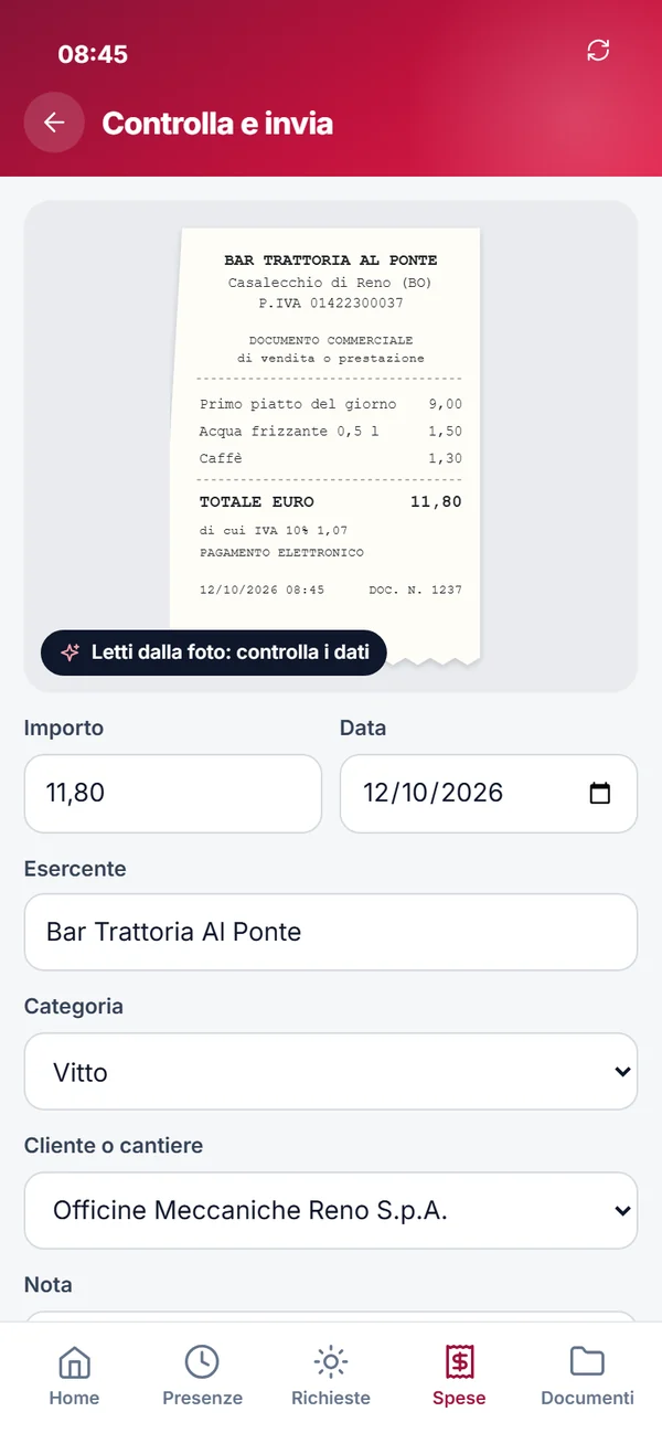 Nota spese: la foto dello scontrino con i dati letti da controllare e inviare.
